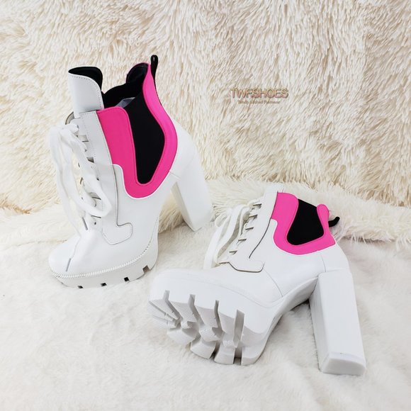 4" Heel Chunky Platform Ankle Boots White Pink - Picture 3 of 9